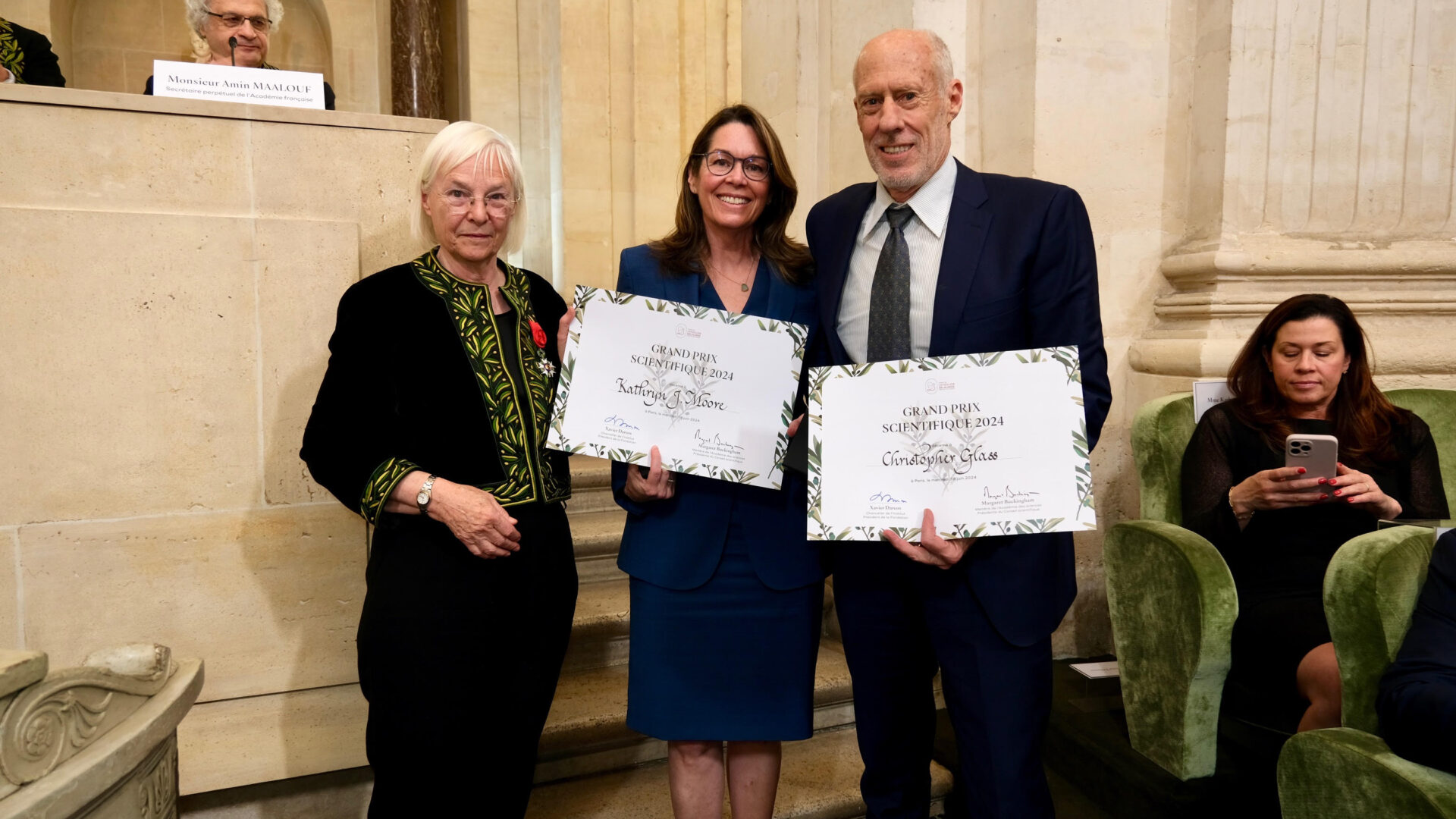 Kathryn J. Moore, PhD, receiving the Grand Prix scientifique from the Institute de France.